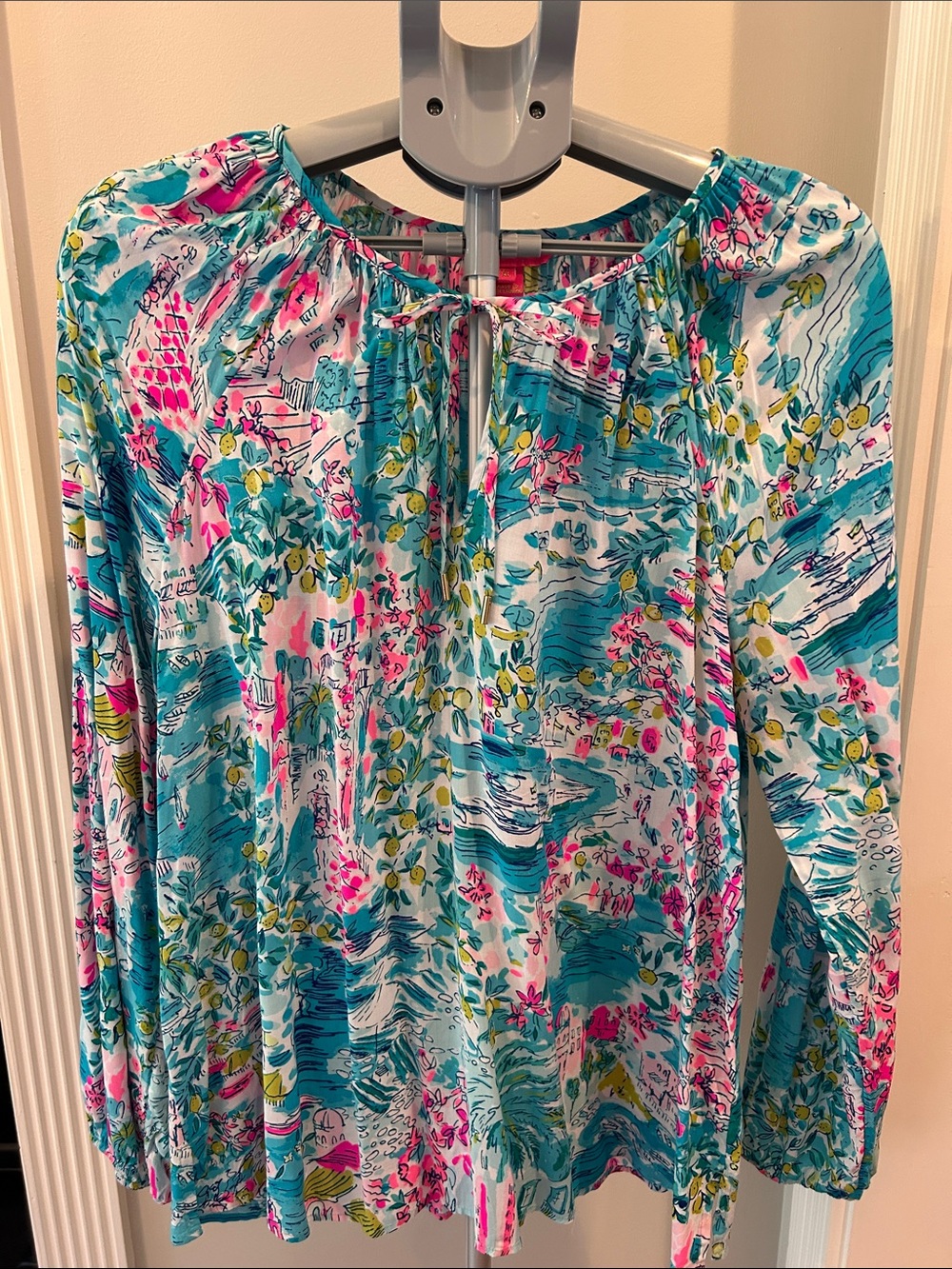 Lilly Pulitzer Teal & Pink Floral Tie-Neck Tunic Willa Top